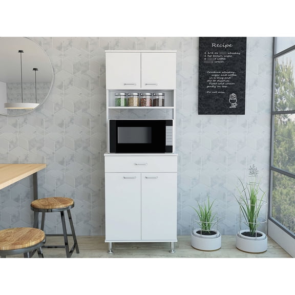 White Kitchen Pantry with Countertop | Great for Kitchen Storage and Meal Prep | Features Bottom Cabinet and Top Spice Rack