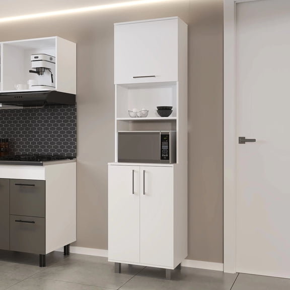 White Kitchen Pantry with Pneumatic Function | Smooth Opening for Kitchen Items | Clean and Tidy Space Creation