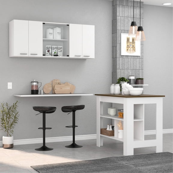 White Kitchen Set with Wall Cabinet | Three Shelves, Glass Doors for Convenience