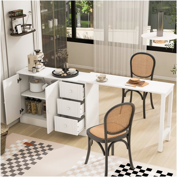 White Kitchen Sideboard with Pull-Out Table, Multifunctional Storage Cabinet for Small Dining Areas and Apartments