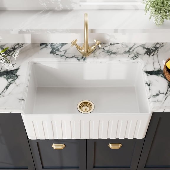 White Kitchen Sink 30 inch Single Bowl Apron Fluted Front Farmhouse Sink with Central Waste Position, Fireclay Ceramic Kitchen Sinks, Farmhouse Sinks for Kitchens - 30x18x10" (White)