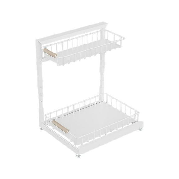 White Kitchen Sink Organizer Alloy 14.37X13.58X10.43 Inches Adjustable Floor Standing Cabinet Storage For Pots Bowls Seasoning Pull Out Basket White
