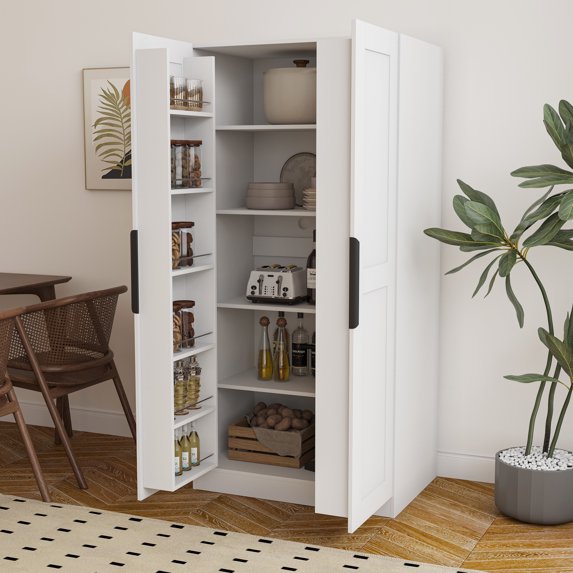 White Kitchen Storage Cabinet, 63.02in Freestanding - Multi-level Shelves For Organizing Household Items, Enhances Any Living Space Provides Extra Your Belongings, Fits Different Room Decorations