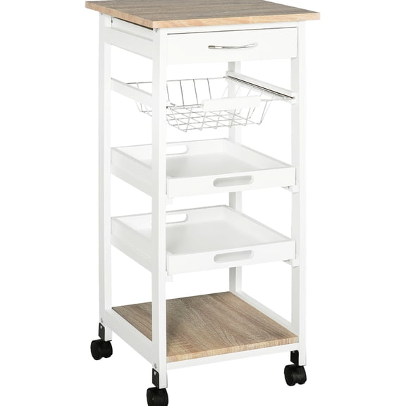 White Kitchen Storage Cart - With Wire For Fruits And Cosmetics Solid Wood Frame Kitchenware