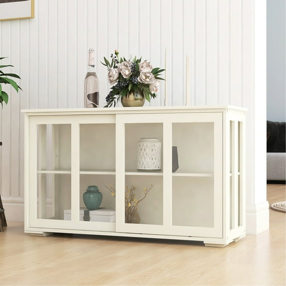 White Kitchen Storage Cupboard With Glass Door. Strong Construction For Longevity. 2 Sliding Doors And Adjustable Shelf Organized Storage. Finish. Non-slip Bottom To Slipping Cabinet - Crafted