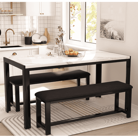 MOOSENG White Kitchen Table Set with 2 Benches | Kitchen & Dining Room Furniture Set for 4-6 | Wood Breakfast Table Set Dinner Table Set | for Breakfast Nook Small Spaces