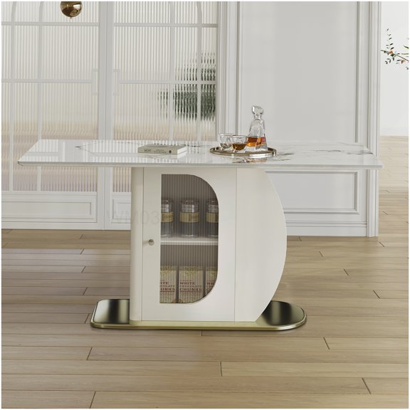 White Kitchen Table with Storage, Sintered Stone Dining Table for Family, Gold Base Modern Design with Acrylic Cabinet & Shelf