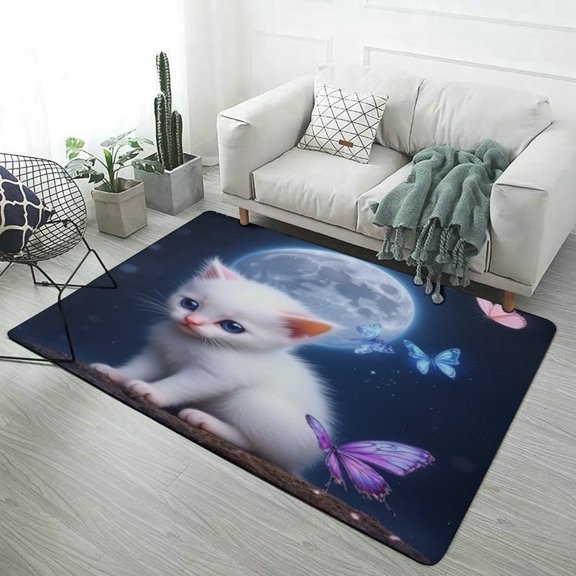 White Kitten with Butterflies And Moon Carpet for Home Decoration Rugs Soft Carpet for Bedroom Room Living Room Bathroom Entrance Door Non-slip Comfort Mat
