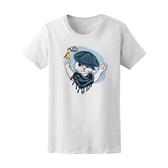 White Kitten Cat With Bird T-Shirt Women -Image by Shutterstock, Female Large