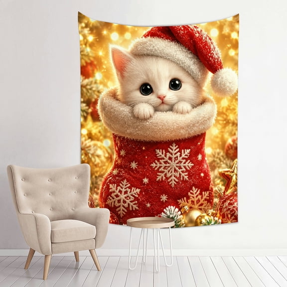 White Kitten In Christmas Stocking Aesthetic Home Decor for Adults And Family, 100% Polyester Tapestry, Vertical Print Wall Hanging Tapesties for Bedroom Dorm Living Room .
