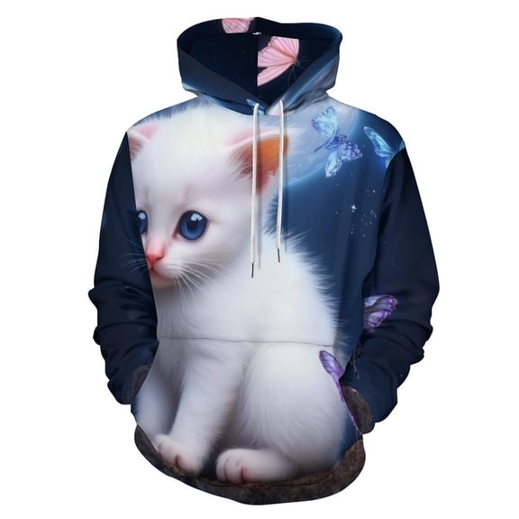 White Kitten with Butterflies And Moon Men's Women New Sweatshirt Hoodie Men's Plus Size Sweatshirt Hooded Sweatshirt 3d Printed Street Men's Cloth