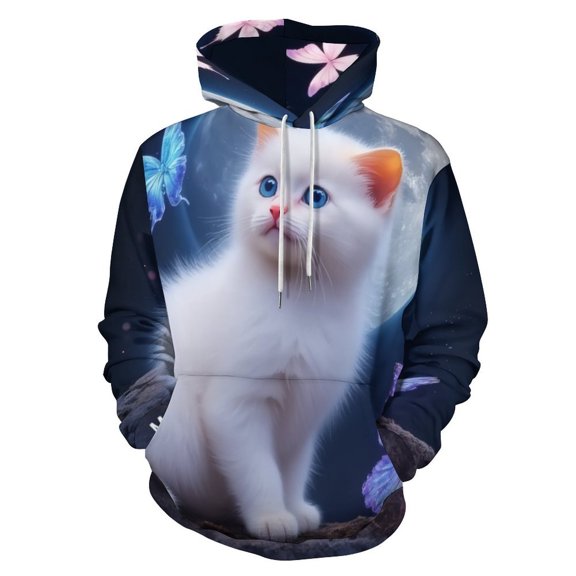 White Kitten with Butterflies And Moon Men's Women Vintage 3D Hooded Sweatshirt - All-Season Loose Fit Streetwear