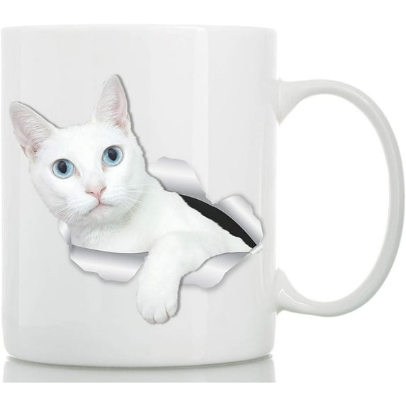 White Kitty Cat Mug - Blue-Eyed White Cat Ceramic Coffee Mug - Perfect White Cat Gifts - Funny White Cat Coffee Mug for Cat Lovers