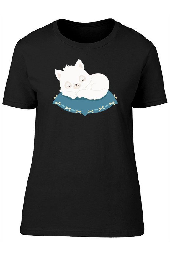 White Kitty Sleeping On Pillow Tee Women's -Image by Shutterstock
