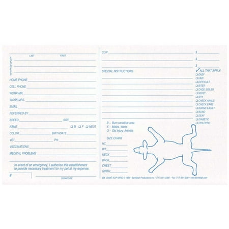 White Klip Kards Dog Grooming Kennel Card Diagram Info Checklist 5 x 8 100 Ct (300 Pack)