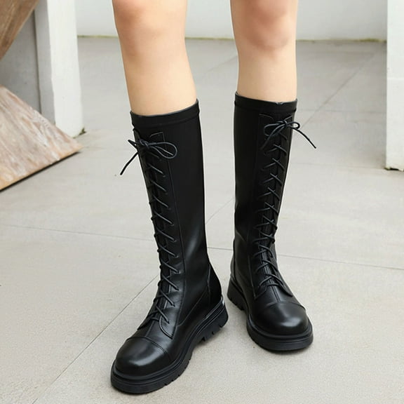 White Knee High Boots,Girls Boots Lace Up Riding Mid Calf for Children PU Leather Side Zipper Boots for Punk,Girls Ankle Boots,02 Black,9.5-10 Years