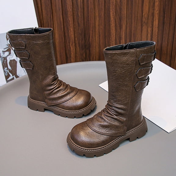 White Knee High Boots,Girls Long Shaft Boots Soft Sole Flat Riding for Big Kids Bowknot British Design School Shoes,Sparkly Boots,09 Khaki,7-8Years