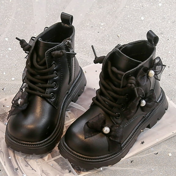 White Knee High Boots,Winter Girls Boots Sole Ankle Design for Toddler Bow Cute Casual Footwear for Big Kids,Platform Boots,04 Black,10-11 Years