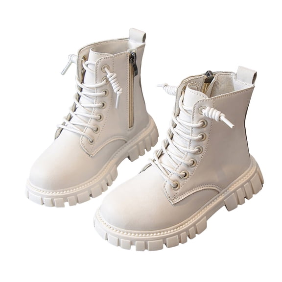 White Knee High Boots with Low Heel Girls Lace Up Riding Boots, Mid Calf Combat Boots Waterproof Pu Leather Side Zipper Punk Goth Boot 4-11 Years