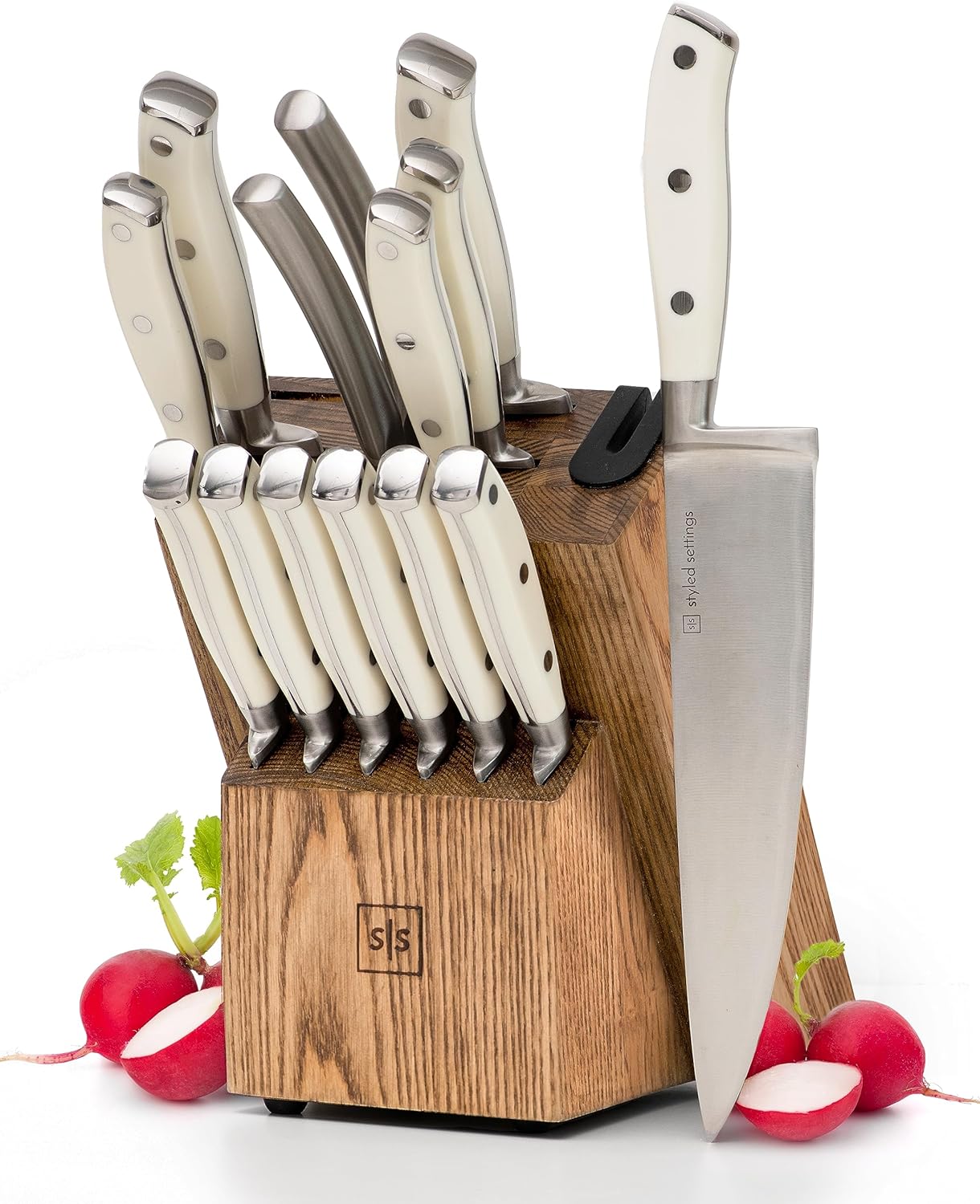 White Knife Set with Block 14 Piece Stainless Steel Triple