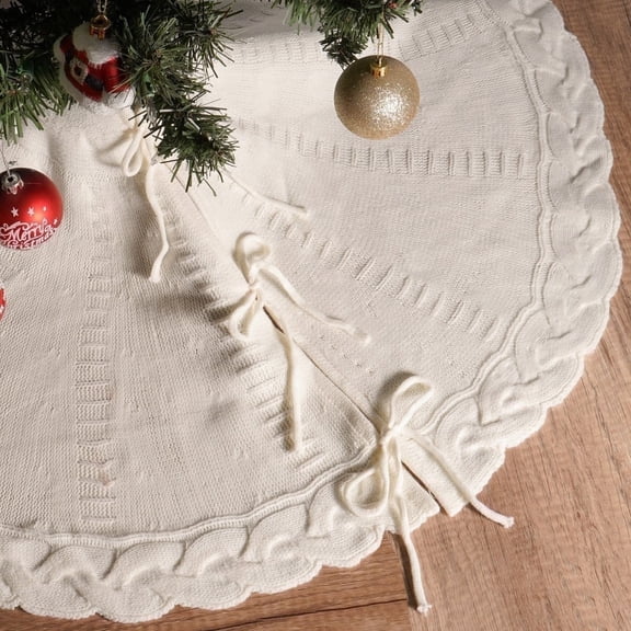 White Knitted Christmas Tree Skirt, 48 In White Cable Knit Christmas Tree Mat Rustic Farmhouse Home Decorations Xmas Holiday Party Decor