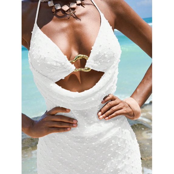 White Knitted Spaghetti Strap Mermaid Maxi Dress With Gold-Tone Cutout