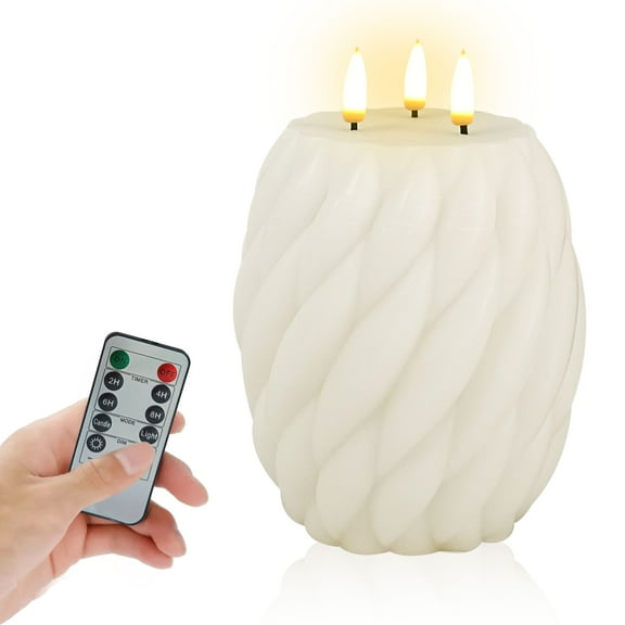 White Knot Ball Flickering Flameless Candles, Real Wax LED Candles with Remote and Timer, 4.8 Inch Battery Operated Spiral Pillar Candles for Room Decor Home Wedding Decoration