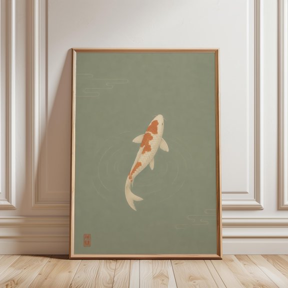 White Koi Fish Poster, Japanese Minimalist Aquatic Wall Art, Vintage Zen Pond Print, Poster Only