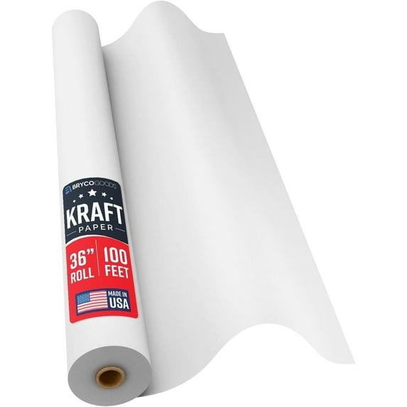 Bryco Goods 36 Inch x 100 Feet - Large White Kraft Paper Roll - Made in USA - Ideal for Gift Wrapping, Packing, Shipping, Wall Art, Crafts, Bulletin Boards, Floor Cover or Table Runner