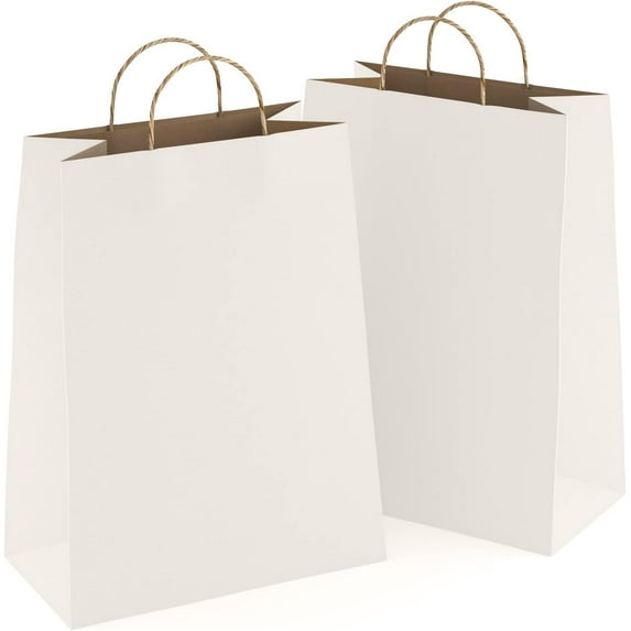 White Kraft Paper Bags with Handles Bulk, 13 x 7 x 17 Inch. Pack of 50 Kraft Paper Gift Bags with Handles. 150 GSM Kraft Bags with Handles. Paper Shopping Bags with Handles. Gift Bags