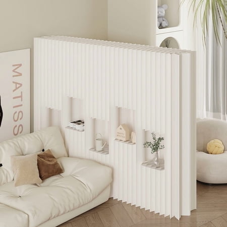 White Kraft Paper Room Divider with Multi Display Nooks, Foldable Accordion Privacy Partition for Home Apartment Decor