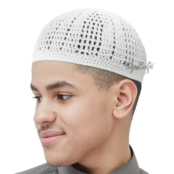 White Kufi Tight Loose Weave Design Crochet Knit Cap
