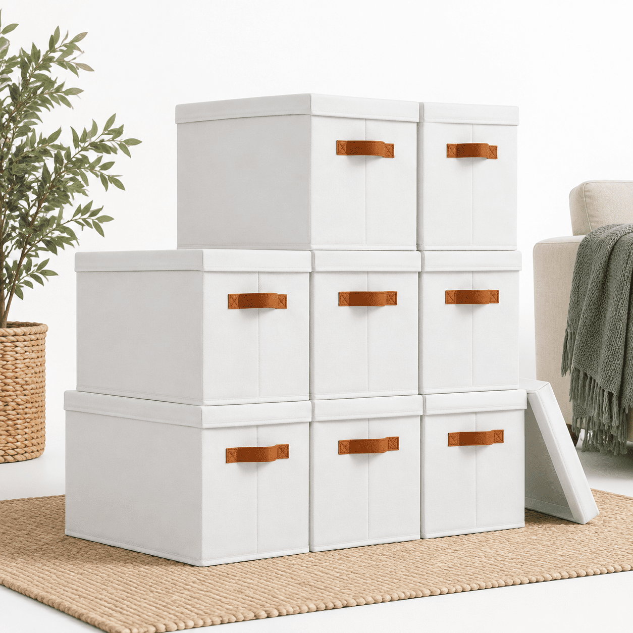 Simple Stackable Shelves White L(8-Pack) Fabric Storage Baskets With Lids, Foldable Stackable ...