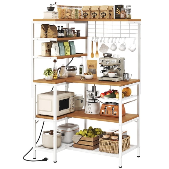 White L-Shaped Bakers Rack with Power Outlet, 6-Tier Microwave Stand &
