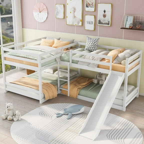 White L-Shaped Bunk Bed in Full & Twin Sizes, Includes Slide & Short Ladder, Pine Material