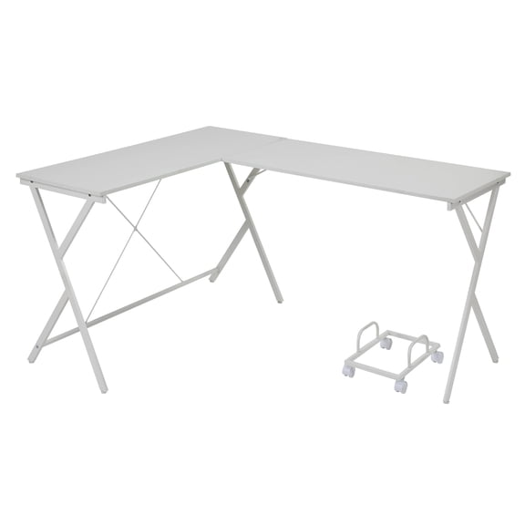 White L-Shaped Computer Desk with CPU Holder, Corner Office Desk with X-Shape Metal Base, Spacious Workstation for Small Spaces