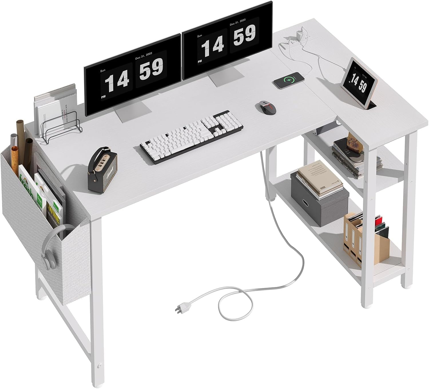 White L-Shaped Computer Desk with Power Outlet and USB Ports