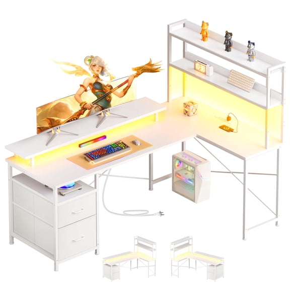 White L-Shaped Gaming Desk With LED Lighting, Monitor Stand, and Storage