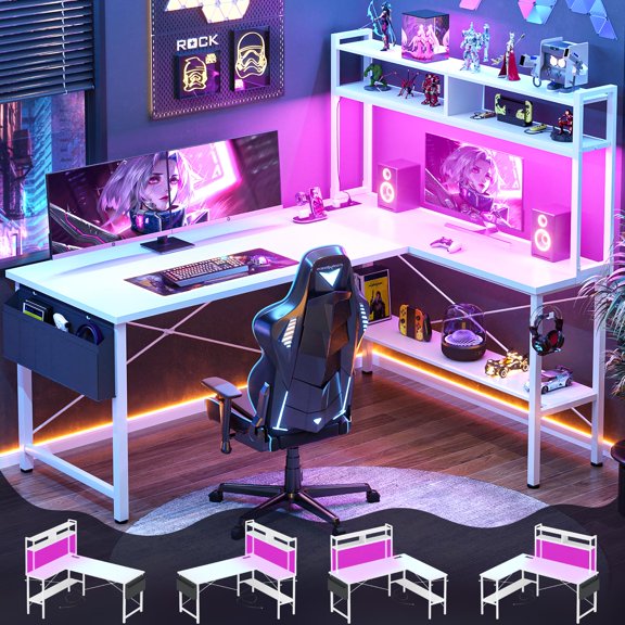 White L-Shaped Gaming Desk With LED Lighting, Shelves, Power Outlet &