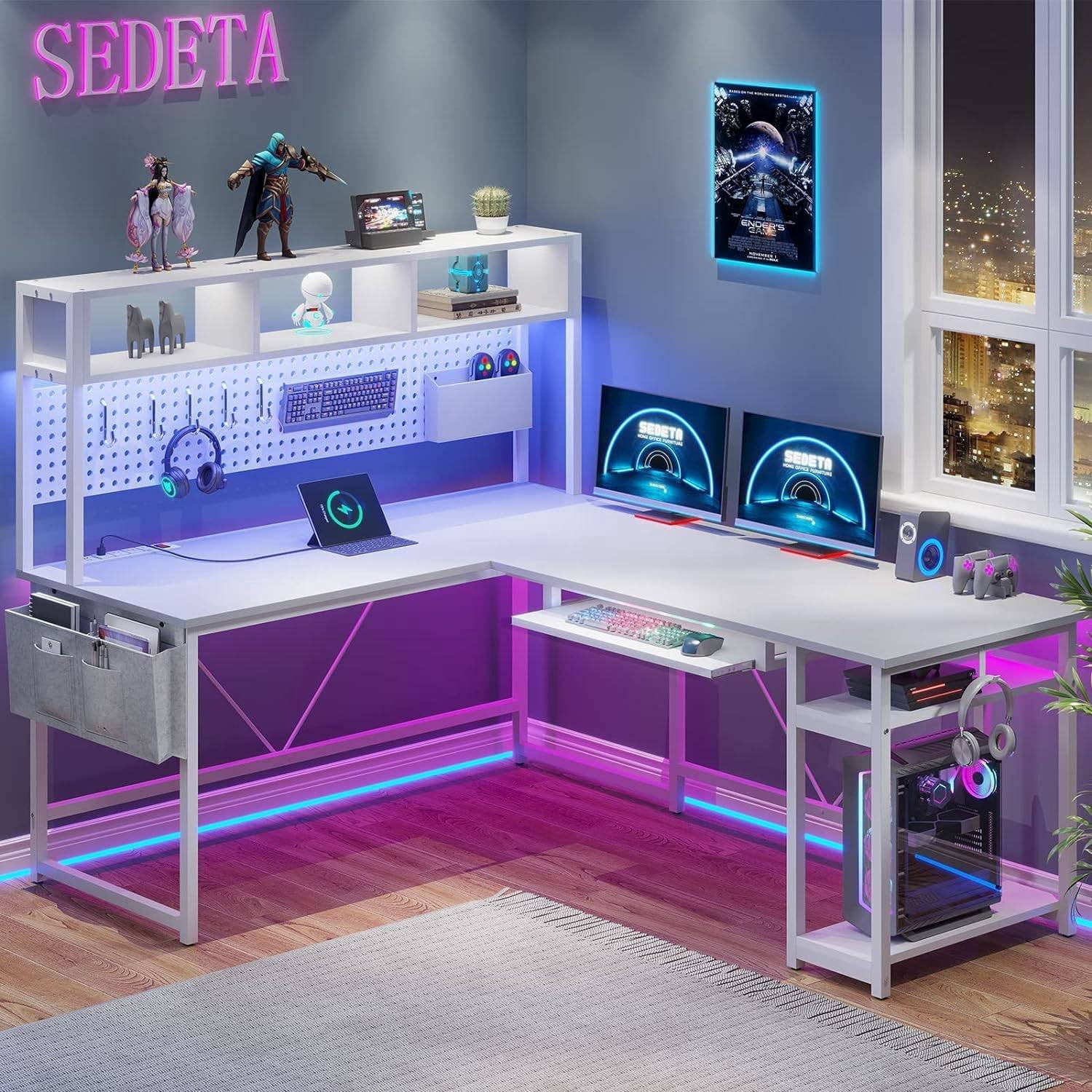 White L-Shaped Gaming Desk with Power Outlet, LED Lights, Keyboard Tray ...