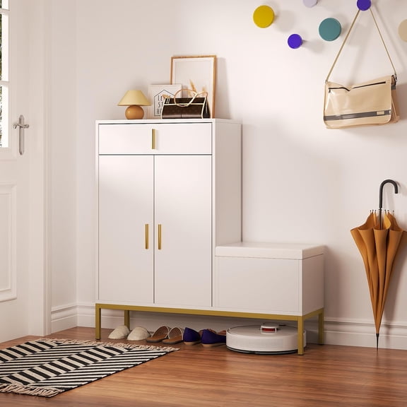 White L-Shaped Shoe Storage Cabinet with Bench and Drawer, Entryway Organizer