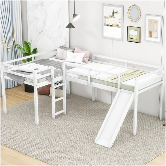 White L-Shaped Twin Loft Bunk Bed with Slide, Space-Saving Corner Loft Bed, Study Desk & Storage