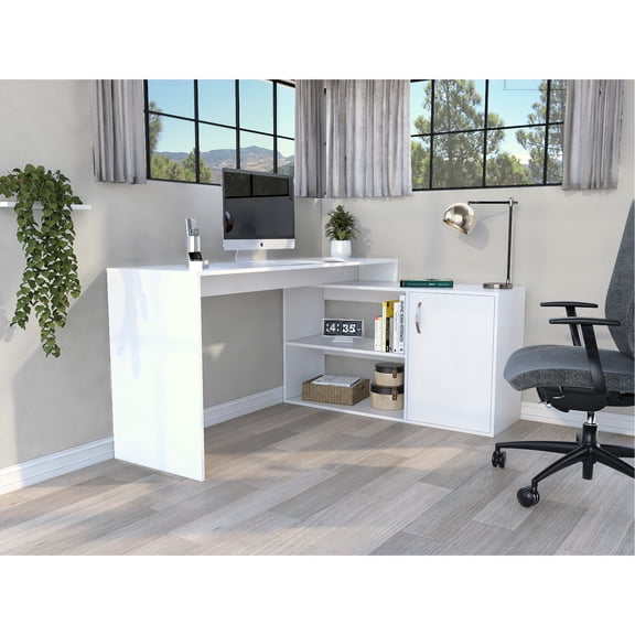 White L-Shaped with Right Return - Storage for Books and Decor - Office Desk - Particle Board