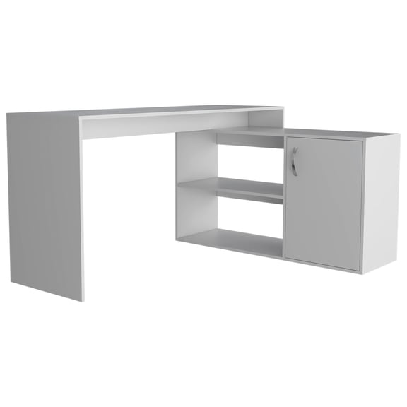 White L-shaped Work Desk With Working Space, 2 Open Shelves And 1 Cabinet, Particle Board Made For Office, White, Extended Workspace Construction