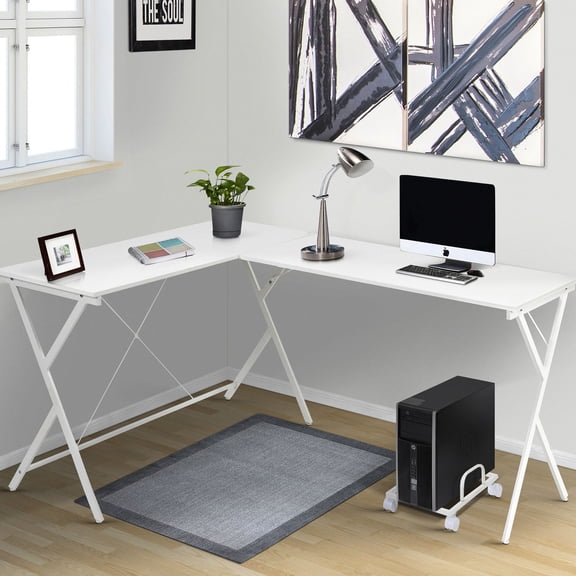 White L-shaped computer desk with CPU holder / Maximize corner space in small rooms for multitasking