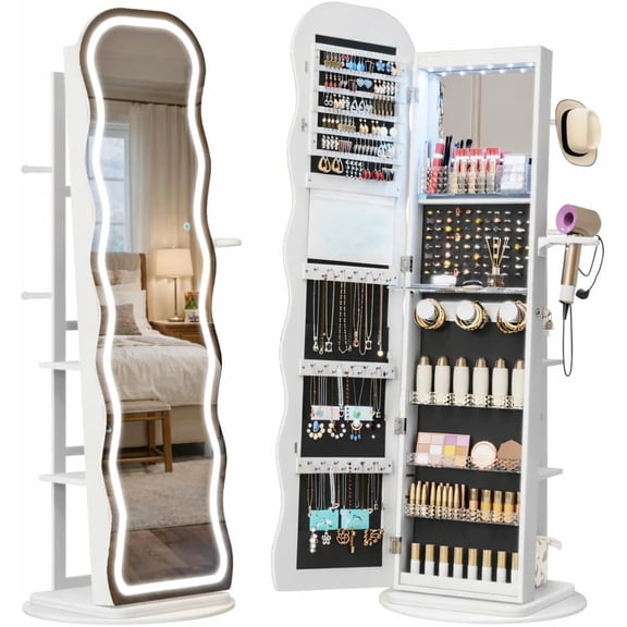 White LED 360 Swivel Lockable Jewelry Armoire Mirror with Wavy Mirror, Interior Mirror, and Foldable Shelves