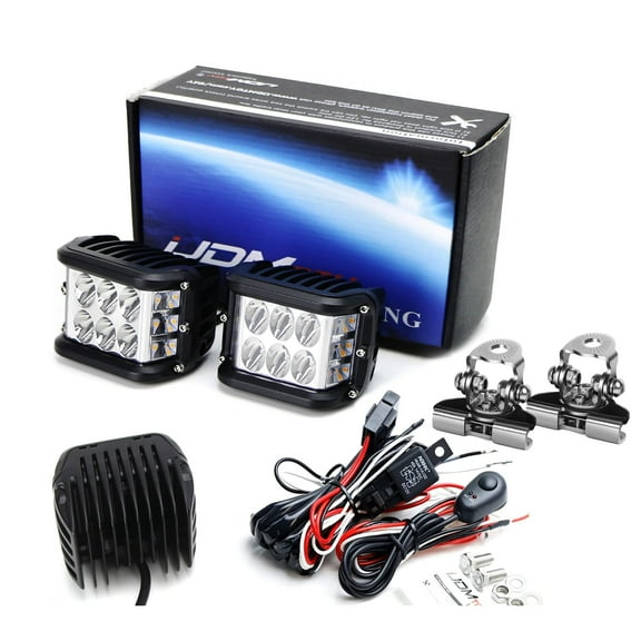 White LED A-Pillar Driving Light Kit w/Amber Strobe Feature, Including (2) Side-Shooter LED Pods, Hood Edge Clamp Mount Brackets & On/Off Switch Wiring For All Trucks/SUVs