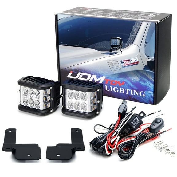 White LED A-Pillar Driving Light w/Amber Strobe Feature, For 2019-up Silverado/Sierra 1500, Side-Shooter LED Pods, Windshield Hitch Bracket Mounts & On/Off Switch Wiring