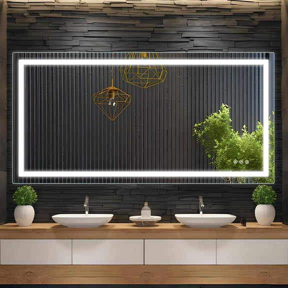 White LED Bathroom Mirror 72x36 inch with Front and Backlight, Large Dimmable Wall Mirrors with Anti-Fog, Shatter-Proof, Memory, 3 Colors, Double LED Vanity Mirror