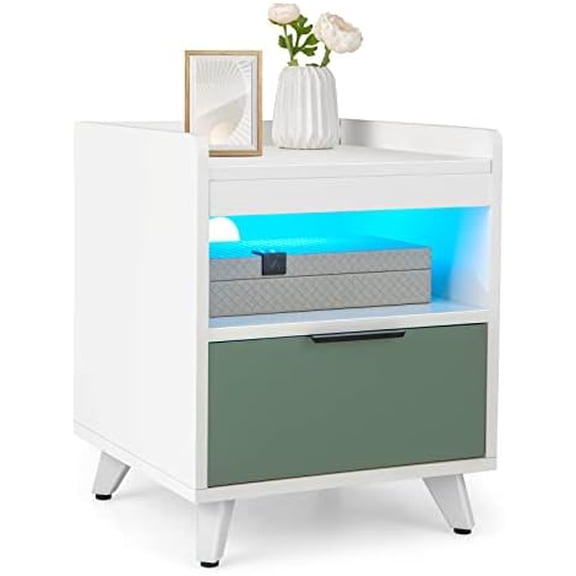 White LED Nightstand, Bed Side Table with LED Lights, Handy Remote, Drawer & Open Storage Shelf, Modern End Side Table with Aluminum Alloy Legs for Bedroom, Living Room$$Home Decor, Kitchen, & Other